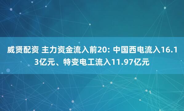 威贤配资 主力资金流入前20: 中国西电流入16.13亿元、特变电工流入11.97亿元